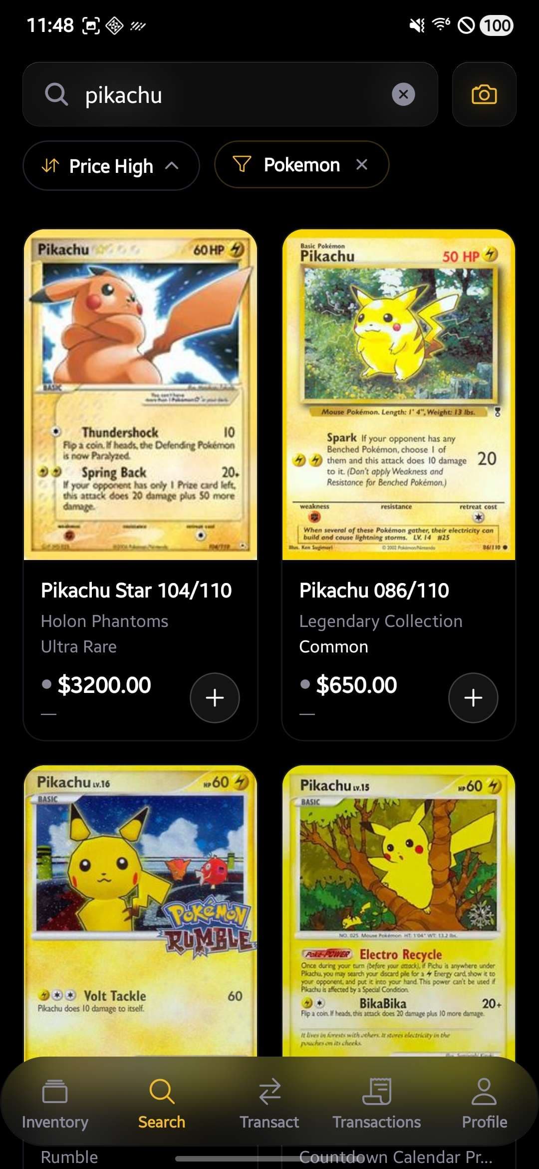 Minty card search screen