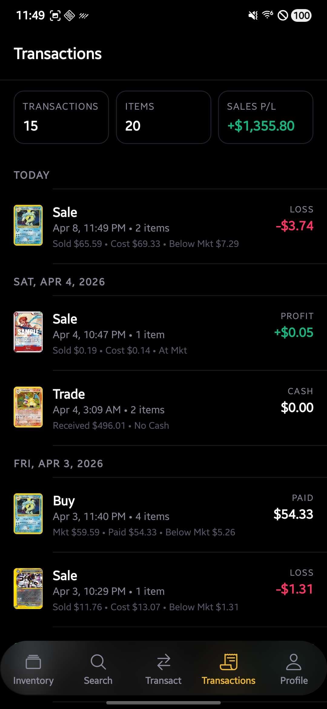 Minty transactions tracking screen